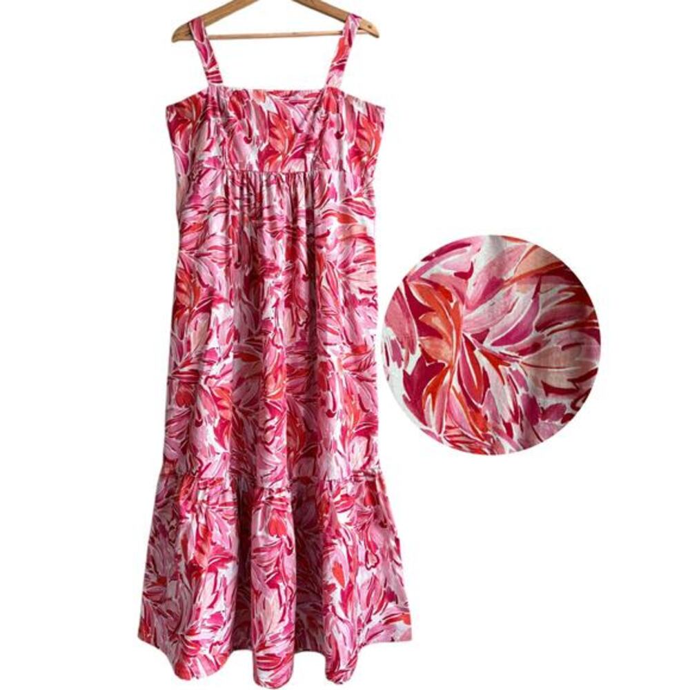 LONDON TIMES Floral Tiered‎ Maxi Dress Square Neck Cotton Smocked Pink Red 12